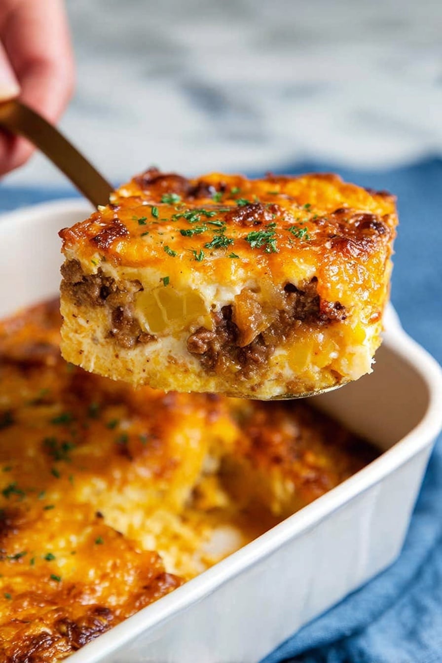 A square piece of baked casserole is held up by a spoon, showing three visible layers: the bottom layer is light yellow with chunks that look soft and tender, the middle layer is brown and crumbly, resembling cooked ground meat, and the top layer is a melted golden brown cheese sprinkled with small green herbs. The casserole is in a white baking dish, and the background has a white marbled texture with a blue cloth underneath the dish. A woman's hand is seen holding the spoon. Photo taken with an iphone --ar 2:3 --v 7