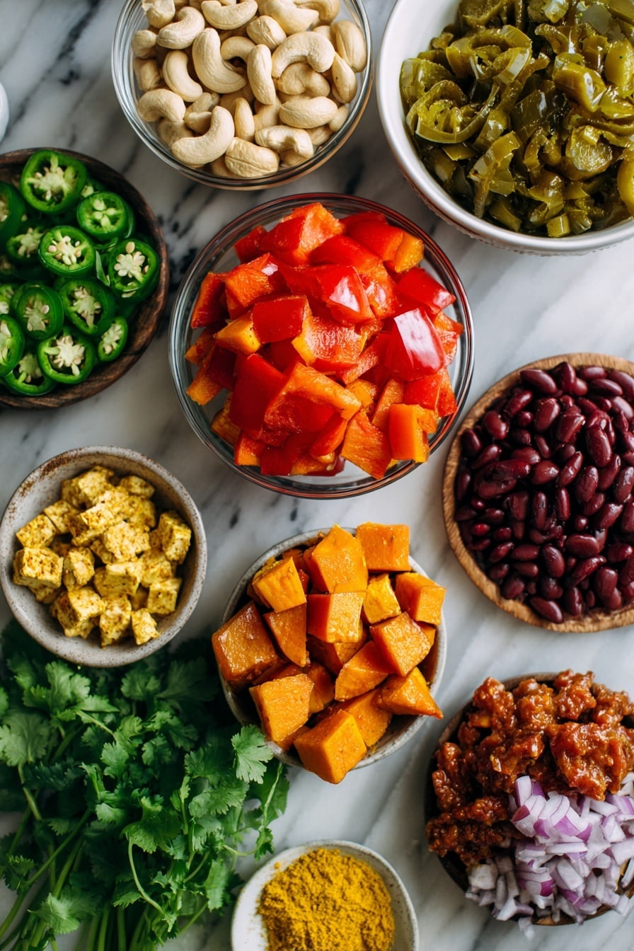Flat lay of raw cashews, chunky medium salsa, bright green pickled jalapeños with some jalapeño juice visible, golden diced russet and sweet potatoes, vibrant red diced bell pepper, dark pinto beans, soft crumbled tofu dusted with yellow turmeric powder, and fresh green cilantro sprigs, all beautifully arranged with pops of color and texture, placed on a white marble surface, photo taken with an iphone --ar 2:3 --v 7