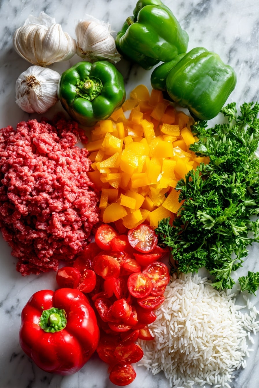 Flat lay of fresh red and green bell peppers with their smooth, shiny skins, a bright yellow onion diced into small pieces with its crisp layers visible, plump garlic cloves with slightly papery white skins, a mound of raw lean ground beef showing its rich red color and fine texture, ripe diced tomatoes bursting with vibrant red juiciness, fresh Italian parsley sprigs with deep green, delicate leaves, and a small heap of uncooked long grain white rice grains with a pearly, smooth finish, all beautifully arranged in natural groupings with contrasting colors and textures, placed on white marbled surface, photo taken with an iphone --ar 2:3 --v 7