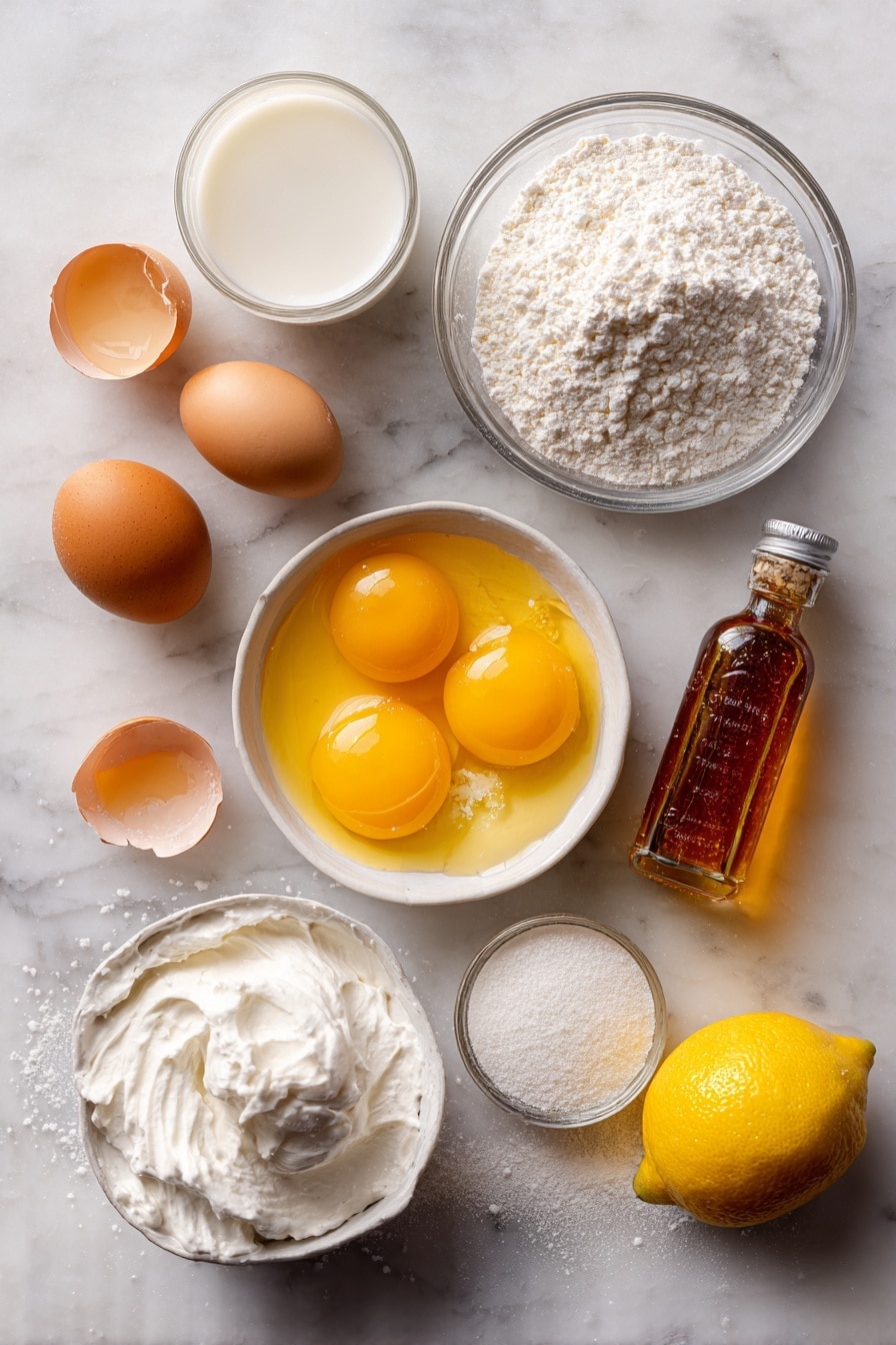 Flat lay of fresh egg yolks in their shells cracked open to show the rich yellow center, fluffy whipped egg whites with soft peaks, smooth whole milk in a small glass container, fine granulated sugar crystals shimmering gently, light golden all-purpose flour sprinkled artfully, a small wedge of bright lemon for juice, a delicate bottle of vanilla extract with amber liquid inside, and a small heap of baking powder powdery and white, all beautifully arranged on a white marble surface, photo taken with an iphone --ar 2:3 --v 7