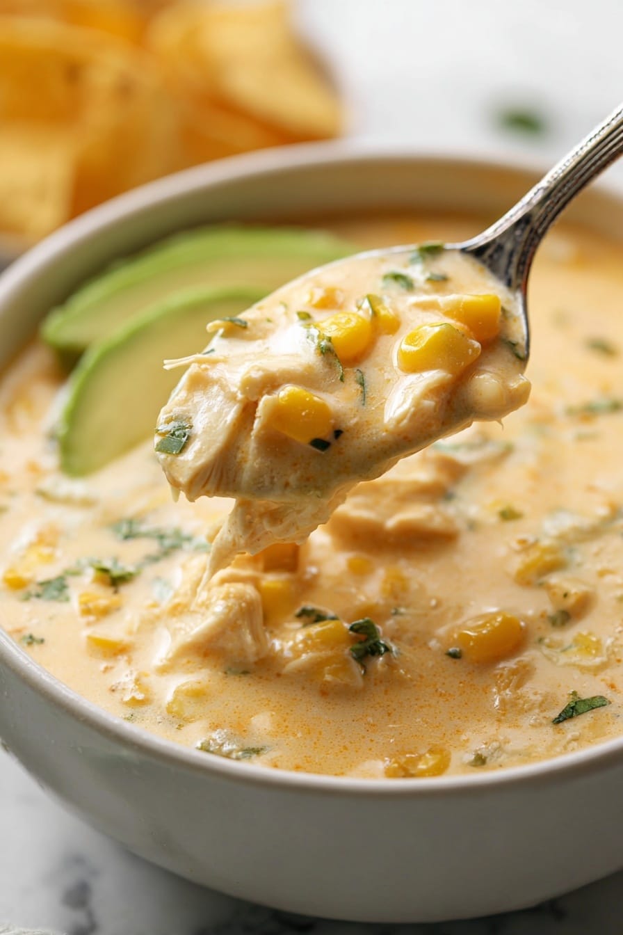 A close-up image shows a spoonful of creamy soup held above a white bowl filled with the same creamy soup. The soup is thick and light orange in color with visible chunks of yellow corn and small pieces of green herbs. There are pieces of white chicken meat in the soup, covered in the sauce. In the background, slices of bright green avocado and some tortilla chips can be seen partially inside the bowl. The surface under the bowl has a white marbled texture. photo taken with an iphone --ar 2:3 --v 7