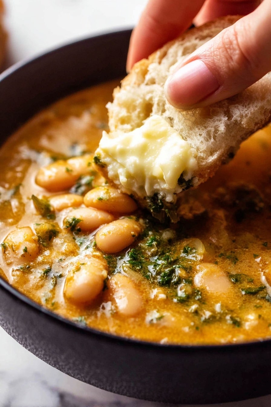 A close-up view of a black bowl filled with thick soup that has a mix of beige beans and green vegetable bits in orange broth with visible herbs. A woman's hand is holding a piece of white bread with creamy light yellow butter being dipped into the soup. The soup surface has a slightly shiny and textured look, with the bread being soft and fluffy. The background shows a white marbled texture. photo taken with an iphone --ar 2:3 --v 7