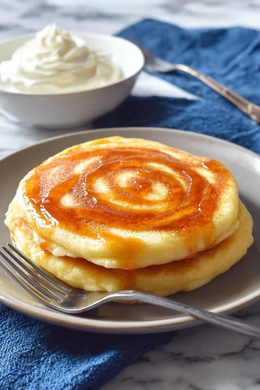 Two thick, soft pancakes stacked on each other sit on a white plate. The pancakes are light golden yellow with a smooth texture and have a shiny, amber-colored syrup swirled on the top in a spiral pattern. A silver fork rests beside the pancakes on the plate. In the background, there is a white bowl filled with whipped cream. The setting is on a white marbled surface with a blue cloth nearby. Photo taken with an iphone --ar 2:3 --v 7
