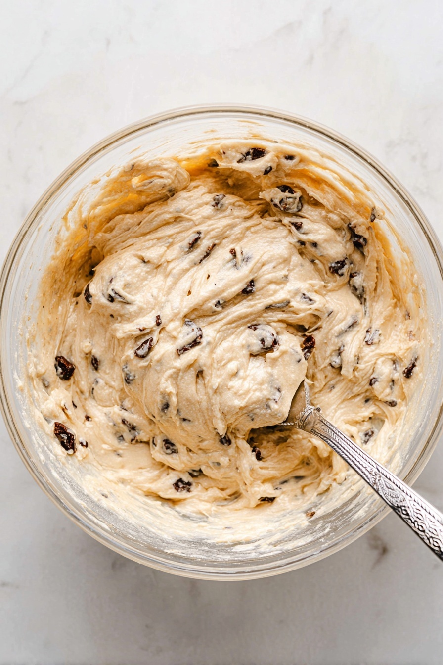 A clear glass bowl filled with thick, creamy batter that is light beige in color with small dark brown chunks spread throughout. The batter has a slightly lumpy, soft texture with uneven swirls and some streaks of a darker shade. A shiny silver spoon with a patterned handle rests inside the bowl, partially submerged in the batter. The bowl sits on a white marbled surface. photo taken with an iphone --ar 2:3 --v 7