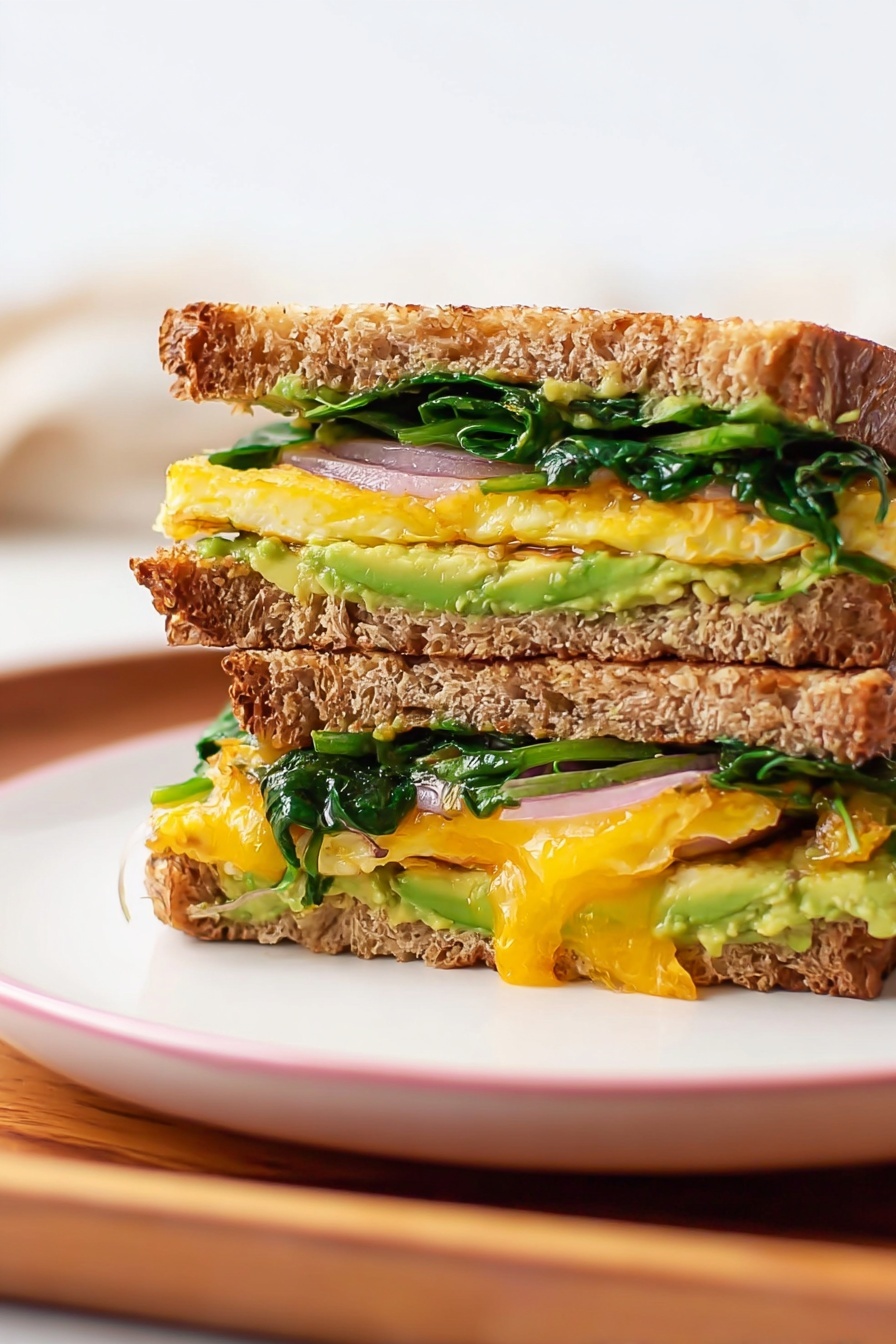 Two small sandwiches sit on a white plate with a thin red rim, placed on a wooden tray over a white marbled surface. Each sandwich has three visible layers: the top layer is a soft, brown whole wheat bread bun, the middle layer includes a thick yellow folded egg with light browning, topped with green mashed avocado, thin slices of red onion, and fresh green arugula leaves, and the bottom layer is a white melted cheese over the bottom half of the whole wheat bun. The sandwiches look fresh and neatly assembled. photo taken with an iphone --ar 2:3 --v 7