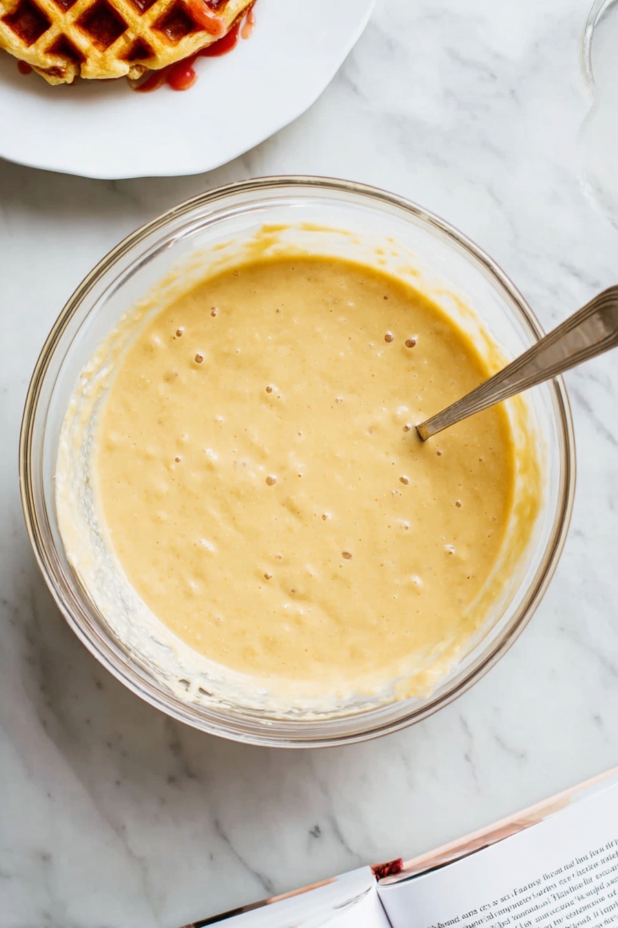 Four golden brown square waffles with a grid pattern and slightly uneven edges are placed on a black cooling rack, which rests on a white marbled surface. The waffles have a crispy texture with some parts showing a deeper brown color, especially in the grid pockets. The image captures the waffles from above, showing their thickness and airy interior. Photo taken with an iphone --ar 2:3 --v 7