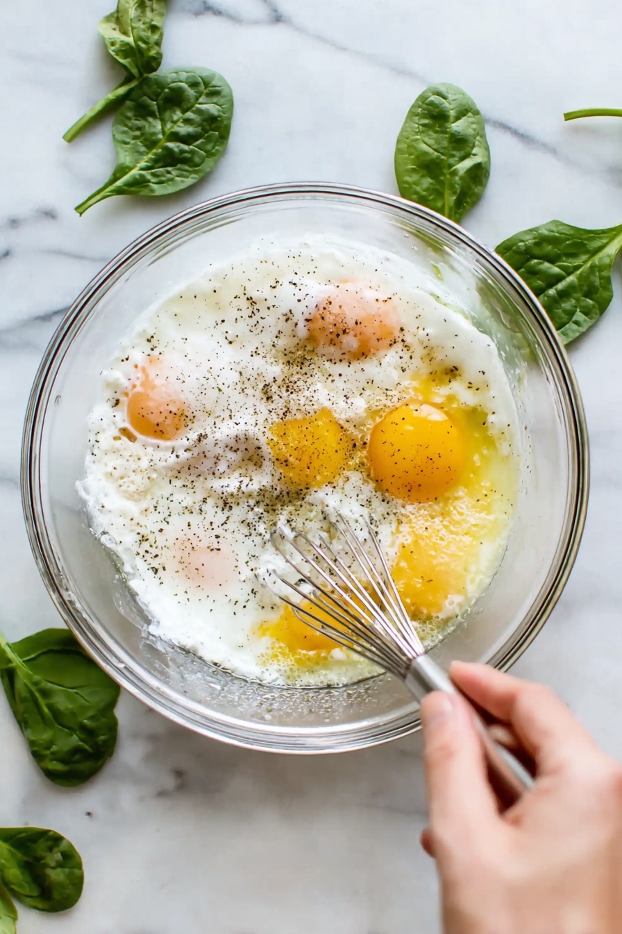 The image shows a cooked egg dish served in a white round pan with a golden yellow top mixed with bits of green leafy vegetables, likely spinach. Three slices have been taken out and placed on three separate white round plates. Each slice shows a thick, fluffy yellow egg layer with green vegetable bits inside. One slice on the bottom plate has a silver fork holding a small portion of the egg, with the fork placed on the right side of the plate. Another white round plate holds a whole slice with a silver fork next to it on the left side, and the third plate at the top right has a slice with no cutout taken from it. The surface and background have a white marbled texture, with a few fresh green leaves scattered for decoration. photo taken with an iphone --ar 2:3 --v 7