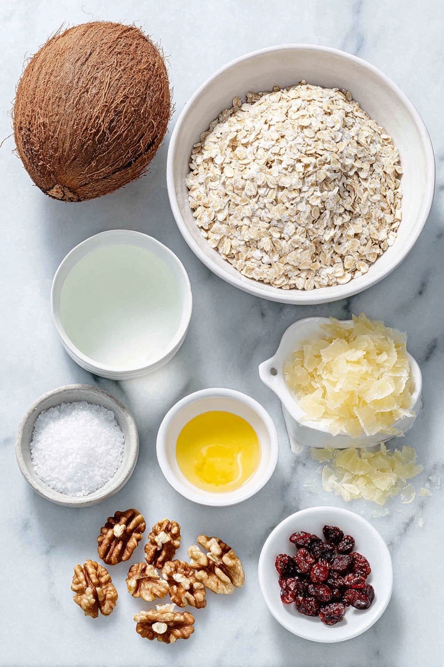 Flat lay of a small mound of raw steel-cut oats, a whole coconut with a few fresh coconut halves nearby showing white flesh, a small white ceramic bowl filled with clear water, another small white bowl containing creamy almond milk, a few whole unshelled walnuts scattered, a small white bowl holding golden melted coconut oil, a few fresh dried cranberries, a small white bowl with ground cinnamon powder, a few thin strips of bright orange and yellow citrus zest artfully arranged, and a small white ceramic dish with fine white sea salt crystals, all arranged symmetrically and naturally, placed on a clean white marble surface, soft natural light, photo taken with an iPhone, professional food photography style, fresh ingredients, white ceramic bowls, no bottles, no duplicates, no utensils, no packaging --ar 2:3 --v 7 --p m7354615311229779997