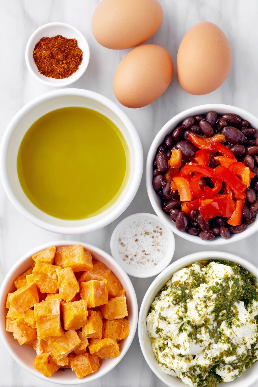 Flat lay of a small white ceramic bowl of extra-virgin olive oil, half a fresh sweet yellow onion diced, two whole uncracked brown eggs, a white ceramic bowl with fresh peeled sweet potato cubes, one vibrant red bell pepper chopped, a small white bowl with smoked paprika powder, a small white bowl with salt, a small white bowl with freshly ground black pepper, a white ceramic bowl of soft herbed goat cheese mixed with dried basil, parsley, rosemary, and thyme, and a white ceramic bowl of cooked black beans, all ingredients fresh and natural, perfectly arranged in balanced symmetry, placed on a clean white marble surface, soft natural light, photo taken with an iPhone, professional food photography style, fresh ingredients, white ceramic bowls, no bottles, no duplicates, no utensils, no packaging --ar 2:3 --v 7 --p m7354615311229779997