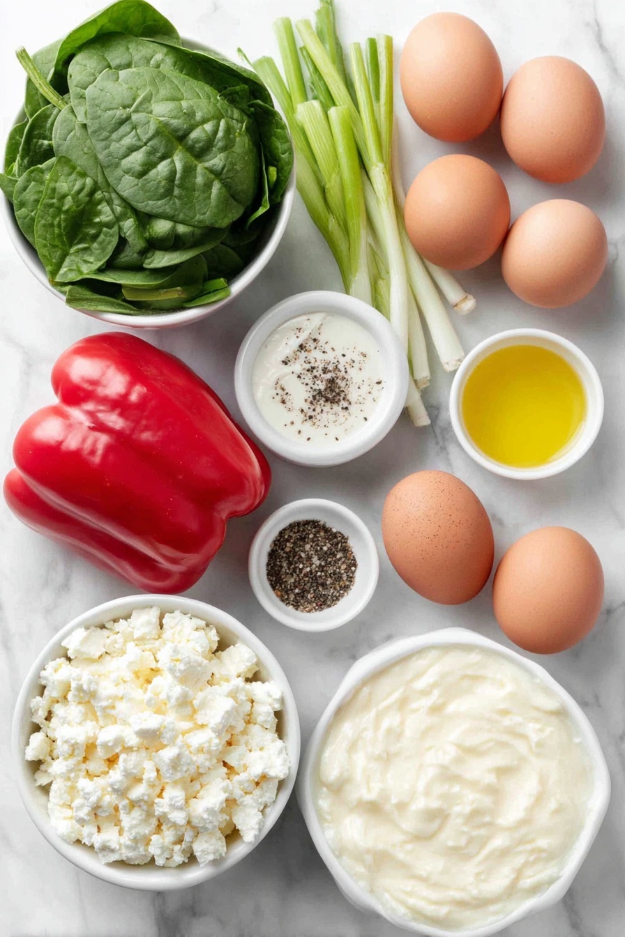 Flat lay of two medium red bell peppers chopped, a small bunch of thinly sliced green onion, a small white ceramic bowl with roughly chopped fresh spinach leaves, a dozen whole brown eggs with clean shells, a small white ceramic bowl filled with full-fat dairy cream, a small white ceramic bowl holding extra-virgin olive oil, a small white ceramic bowl containing several dashes of hot sauce, a small white ceramic bowl with fine salt, a small white ceramic bowl with freshly ground black pepper, and a small white ceramic bowl of crumbled feta cheese, all arranged in perfect symmetry on a clean white marble surface, soft natural light, photo taken with an iPhone, professional food photography style, fresh ingredients, white ceramic bowls, no bottles, no duplicates, no utensils, no packaging --ar 2:3 --v 7 --p m7354615311229779997