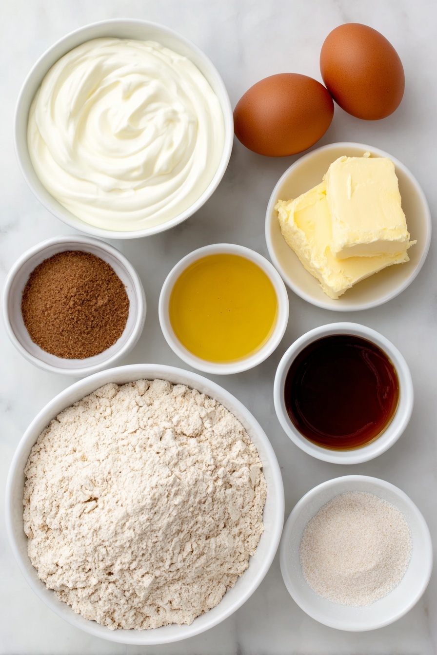Flat lay of two large brown eggs with clean shells, a small white ceramic bowl of plain creamy yogurt, a small white ceramic bowl holding melted golden butter, a small white ceramic bowl filled with amber maple syrup, a simple mound of fine gluten-free oat flour, a small white ceramic bowl of light brown ground cinnamon powder, a small white ceramic bowl of fine white salt, a small white ceramic bowl of pale beige baking soda powder, all ingredients arranged symmetrically and balanced, placed on a clean white marble surface, soft natural light, photo taken with an iPhone, professional food photography style, fresh ingredients, white ceramic bowls, no bottles, no duplicates, no utensils, no packaging --ar 2:3 --v 7 --p m7354615311229779997