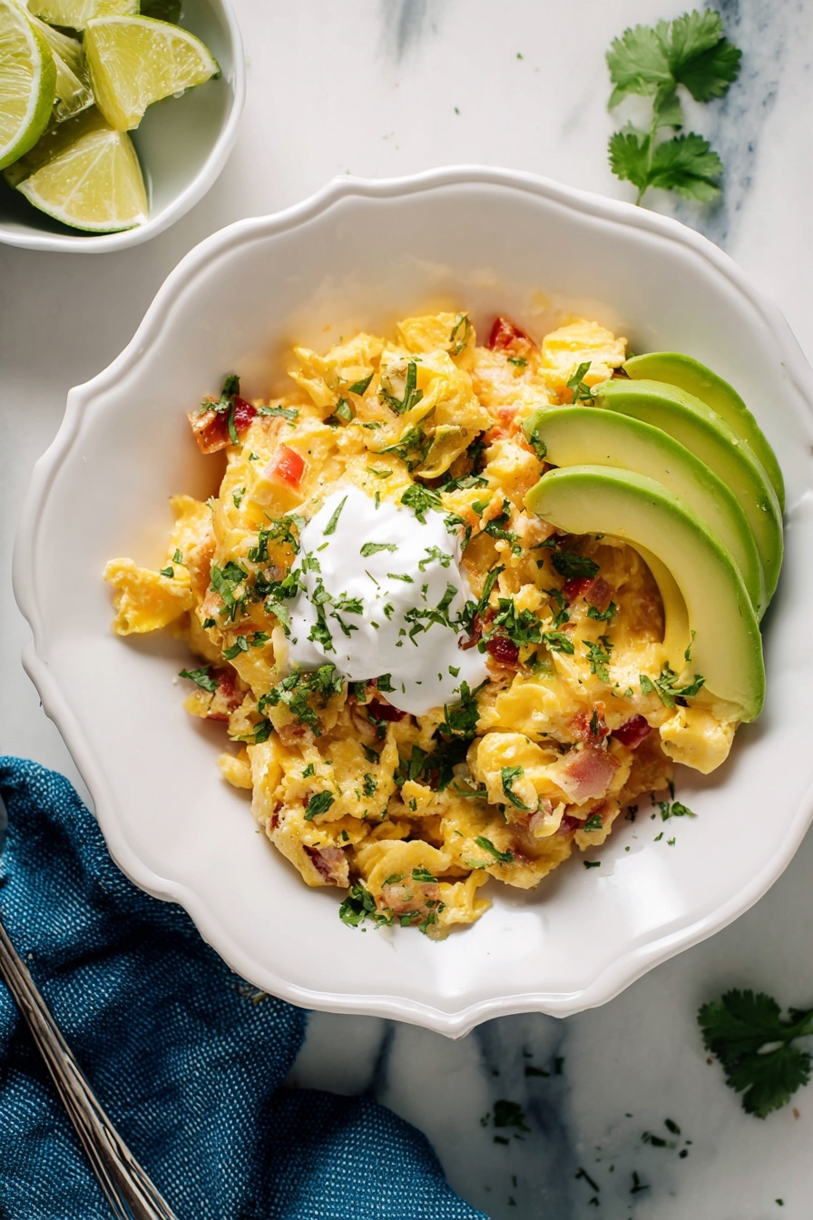 A white scalloped bowl shows scrambled eggs mixed with small pieces of red and green vegetables and garnished with chopped green herbs. On top, there is a dollop of white sour cream also sprinkled lightly with green herbs. To the right inside the bowl are three slices of light green avocado. A silver fork rests inside the bowl, partially under the eggs. The bowl sits on a white marbled surface with some scattered green herbs around it. In the top part of the image, a small white bowl holds lime wedges. A portion of a blue cloth can be seen under the white bowl. Photo taken with an iphone --ar 2:3 --v 7