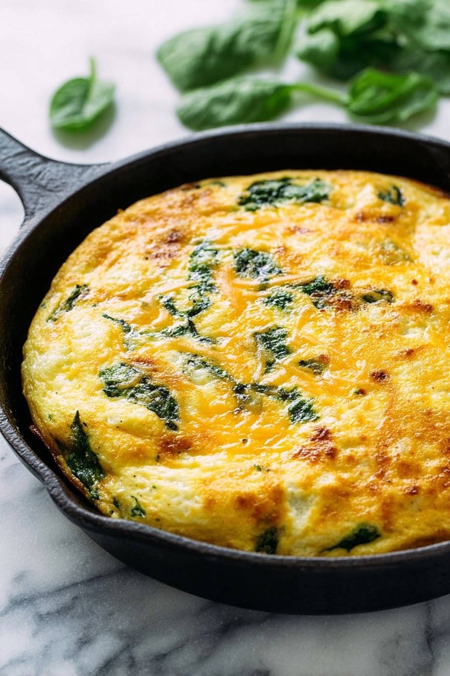 A fluffy omelette cooked in a black cast iron pan sits on a white marbled surface, showing a golden yellow top with melted cheese browned in spots. The omelette has visible layers of chopped green spinach spread evenly throughout, mixed into the soft egg base which is slightly glossy. The edges are fluffy and puffy, with a few small browned air pockets across the surface. Fresh spinach leaves lay slightly blurred in the background beside the pan. Photo taken with an iphone --ar 2:3 --v 7
