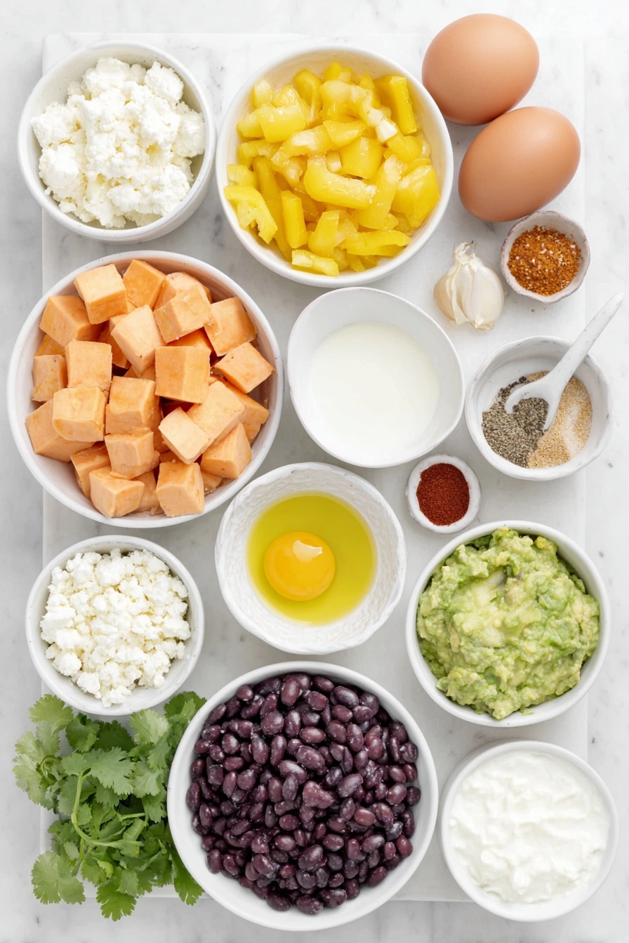 Flat lay of a medium peeled sweet potato cut into small cubes, a medium red bell pepper chopped into pieces, two brown whole eggs with clean shells, a small white bowl of milk, a small white bowl of crumbled feta cheese, a small white bowl of cooked black beans, a small white bowl of olive oil, two garlic cloves, a few sprigs of fresh cilantro leaves, a small white bowl of ground cumin powder, a small white bowl of smoked paprika powder, a small white bowl of fine salt, a small white bowl of freshly ground black pepper, a small white bowl of diced avocado, a small white bowl of salsa verde, a few pickled jalapeños, and a small white bowl of hot sauce — all arranged symmetrically with realistic proportions on a clean white marble surface, soft natural light, photo taken with an iPhone, professional food photography style, fresh ingredients, white ceramic bowls, no bottles, no duplicates, no utensils, no packaging --ar 2:3 --v 7 --p m7354615311229779997
