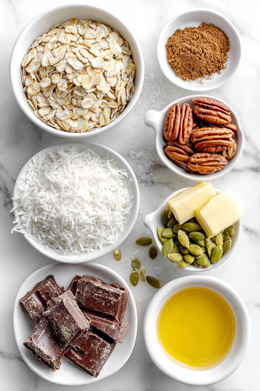 Flat lay of a small white ceramic bowl of old-fashioned oats, a small white ceramic bowl with ground cinnamon powder, a few coarse grains of fine sea salt arranged neatly next to the bowls, a small white ceramic bowl with a mix of pecan halves, green pepitas, white shredded coconut flakes, and irregular chunks of dark chocolate, a small white ceramic bowl filled with creamy peanut butter, a small white ceramic bowl holding golden honey, and a small white ceramic bowl with clear vanilla extract liquid, all placed in perfect symmetry on a clean white marble surface, soft natural light, photo taken with an iPhone, professional food photography style, fresh ingredients, white ceramic bowls, no bottles, no duplicates, no utensils, no packaging --ar 2:3 --v 7 --p m7354615311229779997