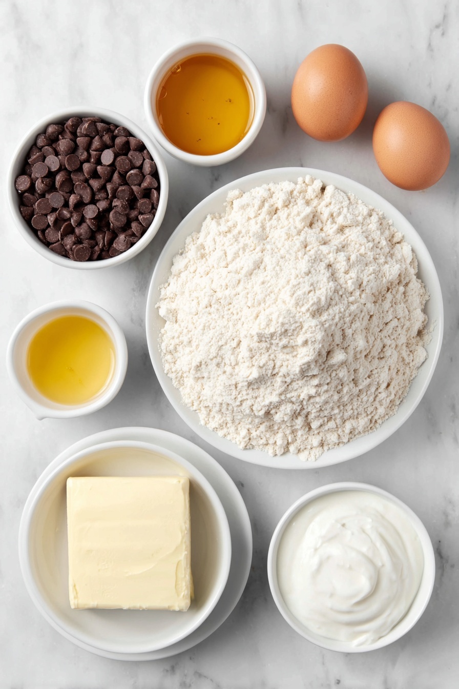 Flat lay of a mound of whole wheat flour on a simple white ceramic plate, a small white bowl filled with semi-sweet chocolate chips dusted with ground cinnamon, two whole uncracked brown eggs, a small white bowl of golden runny honey, a small white bowl with melted coconut oil, a small white bowl with thick plain Greek yogurt, and a small white ceramic bowl holding a light beige powder of baking powder and baking soda mixed together, all arranged with perfect symmetry, placed on a clean white marble surface, soft natural light, photo taken with an iPhone, professional food photography style, fresh ingredients, white ceramic bowls, no bottles, no duplicates, no utensils, no packaging --ar 2:3 --v 7 --p m7354615311229779997