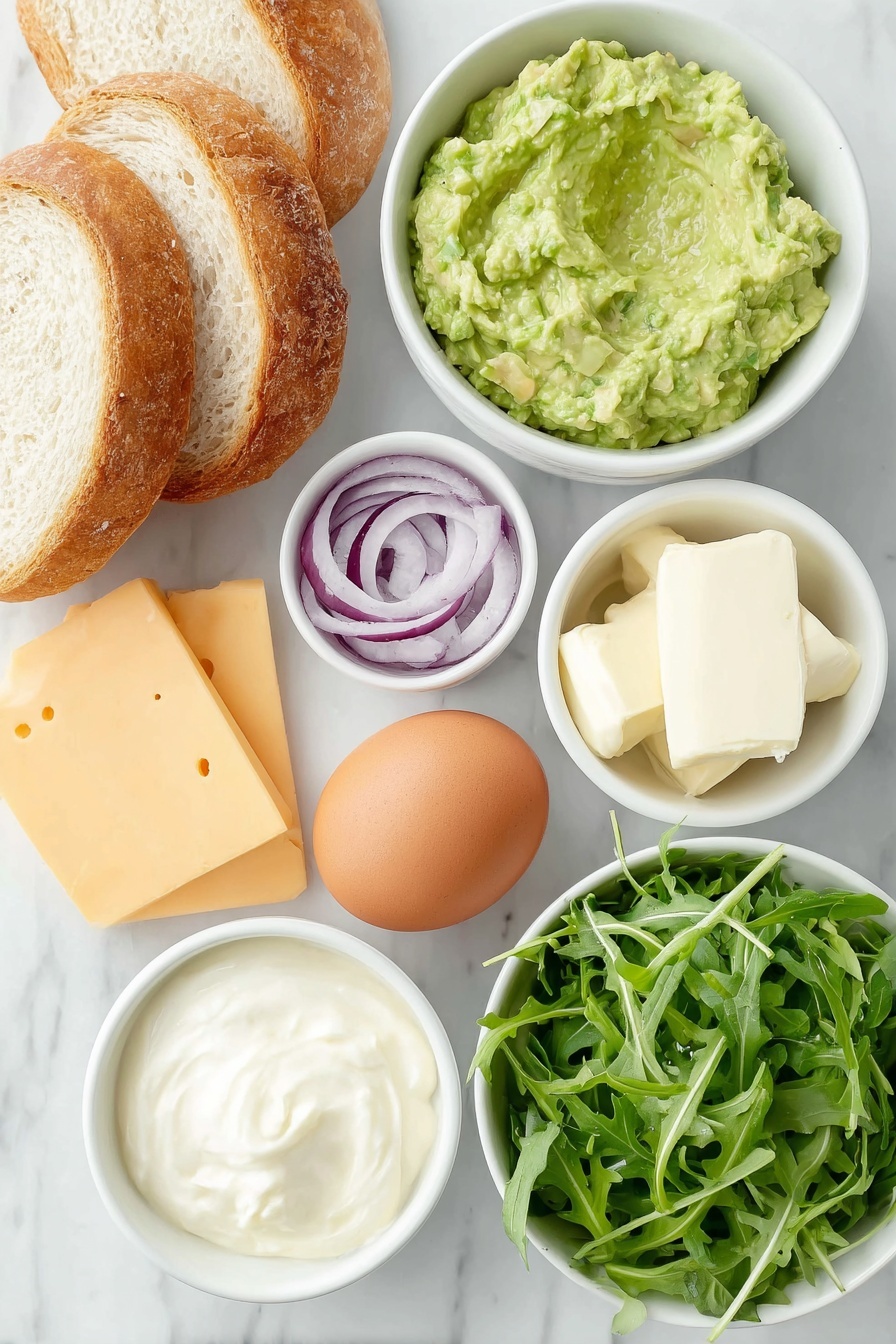 Flat lay of a whole wheat English muffin sliced in half and toasted, a small white bowl of creamy mayonnaise, half a ripe avocado mashed with visible green creamy texture, a whole large brown egg with a clean uncracked shell, a small white bowl with a pat of soft butter, two small slices of cheddar cheese with a pale orange color, one ripe red tomato slice showing seeds and juicy flesh, a few thin slices of red onion with vibrant purple rings, a small handful of fresh green arugula leaves, a small white bowl with a few dashes of hot sauce showing rich red color, a small white bowl of freshly ground black pepper, all ingredients arranged symmetrically with balanced proportions, placed on a clean white marble surface, soft natural light, photo taken with an iPhone, professional food photography style, fresh ingredients, white ceramic bowls, no bottles, no duplicates, no utensils, no packaging --ar 2:3 --v 7 --p m7354615311229779997