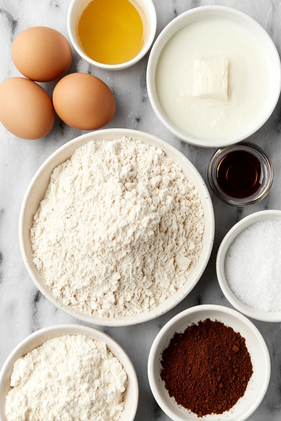 Flat lay of a small mound of fine oat flour, two large brown eggs with clean shells, a small white ceramic bowl of light coconut milk, a small white ceramic bowl of melted golden coconut oil, a small white ceramic bowl of amber maple syrup, a small white ceramic bowl of baking powder powder, a small white ceramic bowl of salt crystals, and a small white ceramic bowl of ground cinnamon placed on a clean white marble surface, soft natural light, photo taken with an iPhone, professional food photography style, fresh ingredients, white ceramic bowls, no bottles, no duplicates, no utensils, no packaging --ar 2:3 --v 7 --p m7354615311229779997