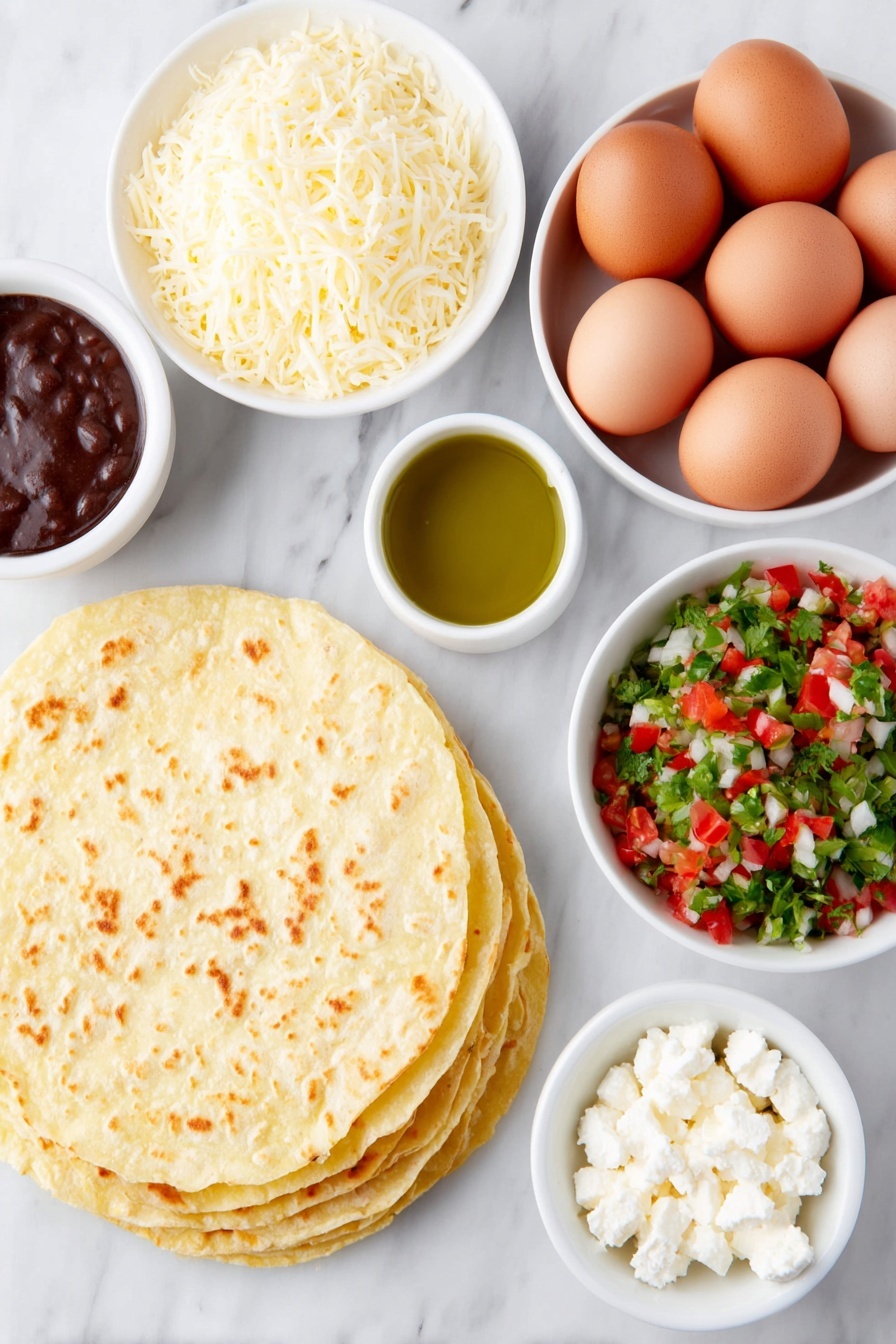 Flat lay of eight golden corn tortillas arranged in a neat stack, a small white bowl of extra-virgin olive oil with a glossy surface, a white ceramic bowl filled with warm refried beans showing a smooth texture, a small white bowl heaped with grated sharp cheddar cheese in fine thin shreds, eight whole uncracked brown eggs placed symmetrically, a white bowl filled with vibrant pico de gallo featuring diced tomatoes, onions, cilantro, and jalapeños, and a small white bowl with cubed creamy white Cotija cheese, all items fresh and natural, perfect symmetry, placed on a clean white marble surface, soft natural light, photo taken with an iPhone, professional food photography style, fresh ingredients, white ceramic bowls, no bottles, no duplicates, no utensils, no packaging --ar 2:3 --v 7 --p m7354615311229779997