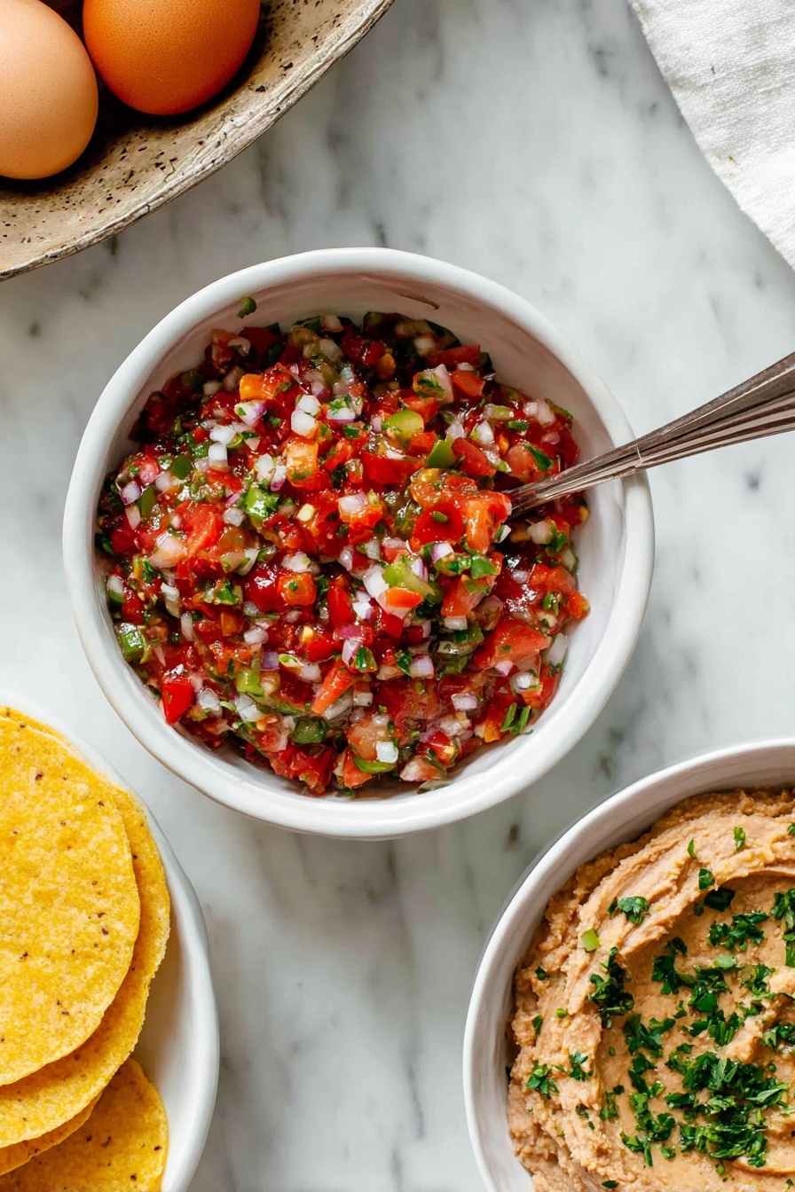 A white plate with two layered golden brown crisp tortillas as the base, topped with a layer of light brown refried beans, followed by a layer of mixed colorful pico de gallo consisting of bright red diced tomatoes, white onions, and green cilantro, all topped with a sunny-side-up fried egg with a runny bright yellow yolk spreading across the plate. A silver fork and serrated knife are cutting into the egg, releasing the yolk onto the other ingredients. The plate is set on a white marbled surface. Photo taken with an iphone --ar 2:3 --v 7