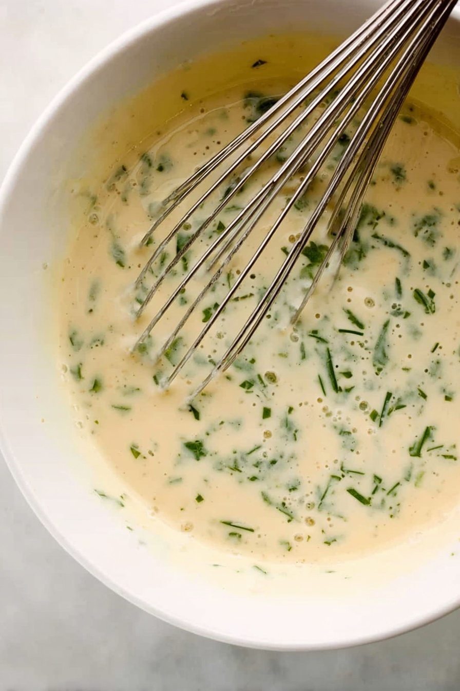 A close-up view of a cooked frittata in a black cast iron skillet. The frittata is a single thick layer with a creamy yellow base, slightly browned in some spots, and dotted throughout with chopped green herbs evenly sprinkled on top. The texture looks soft and fluffy with some melted white cheese melted into the surface. The skillet is set on a white marbled surface with a blue and white cloth partially visible at the bottom right corner. photo taken with an iphone --ar 2:3 --v 7