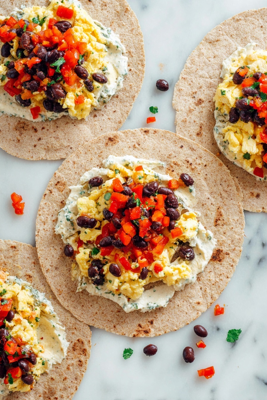 Two halves of a wrapped sandwich lay on a white plate, placed on a white marbled surface. The outer wrap is light brown with a soft texture and some toasted spots. Inside, there are scrambled eggs that look fluffy and pale yellow, a layer of black beans with a smooth round surface, and bright orange pieces of roasted vegetables. The two halves are slightly separated, showing the layers inside clearly, with a couple of black beans spilled on the plate. Photo taken with an iphone --ar 2:3 --v 7