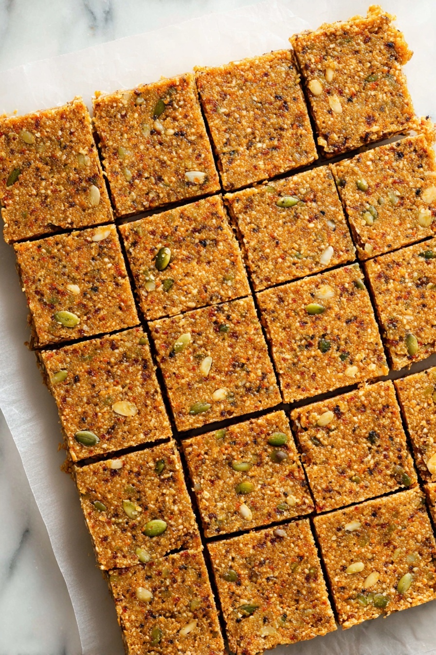 The image shows a large square sheet of nut and seed snack bars cut into fifteen equal rectangular pieces arranged neatly on white parchment paper. The bars have a rough and crunchy texture with a mix of orange and golden brown colors, speckled with small pieces of green pumpkin seeds and light beige nuts. The surface is slightly uneven and crumbly, showing a dense and packed layer of mixed ingredients. The background beneath the parchment paper is a white marbled texture. photo taken with an iphone --ar 2:3 --v 7