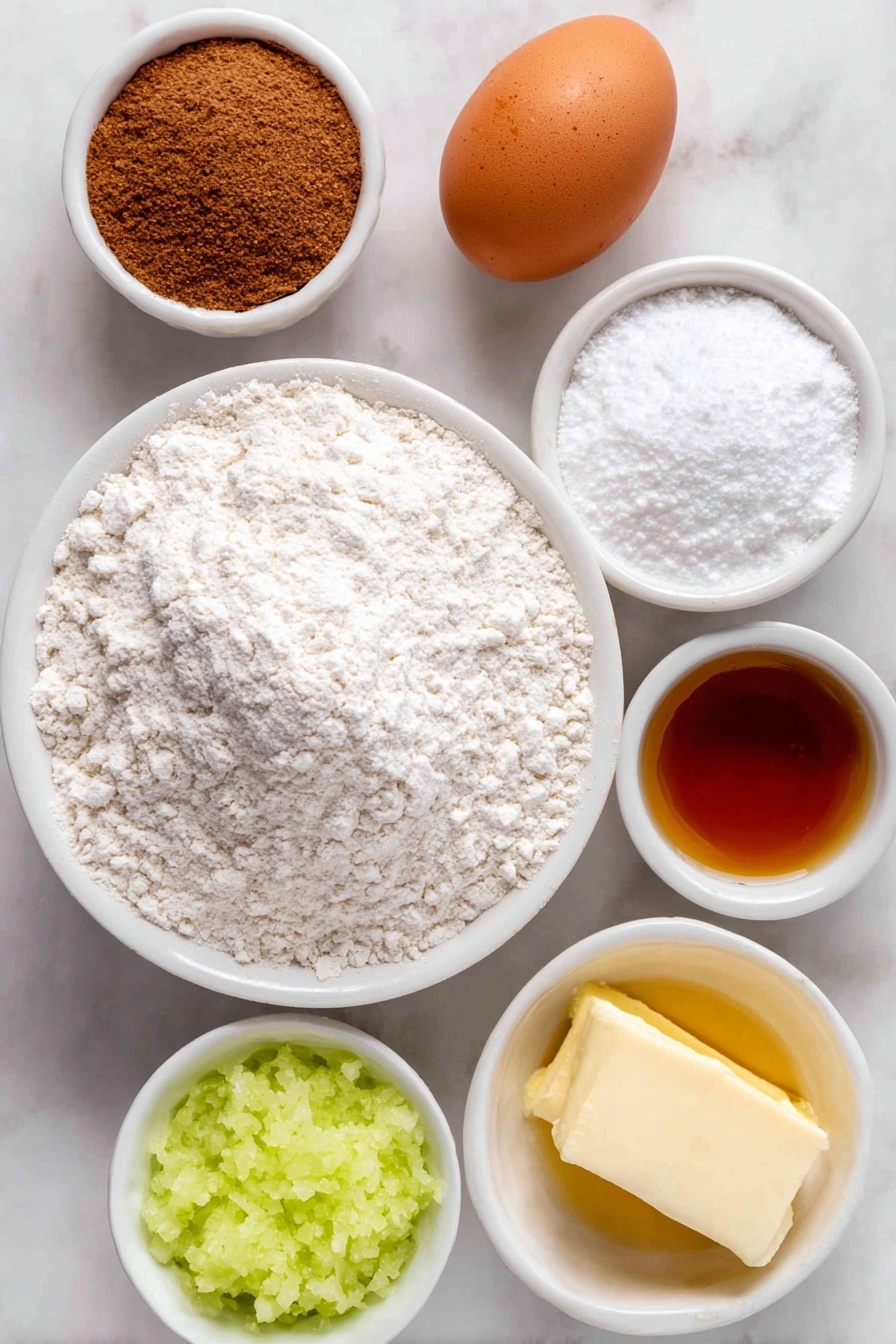 Flat lay of a small white ceramic bowl of white whole wheat flour, a small white ceramic bowl of baking powder, a small white ceramic bowl of baking soda, a small white ceramic bowl of ground cinnamon, a small white ceramic bowl of salt, one large whole uncracked brown egg, a small white ceramic bowl of melted unsalted butter, a small white ceramic bowl of amber maple syrup, a small white ceramic bowl of pure vanilla extract, a small white ceramic bowl of freshly grated green Granny Smith apple, placed on a clean white marble surface, soft natural light, photo taken with an iPhone, professional food photography style, fresh ingredients, white ceramic bowls, no bottles, no duplicates, no utensils, no packaging --ar 2:3 --v 7 --p m7354615311229779997