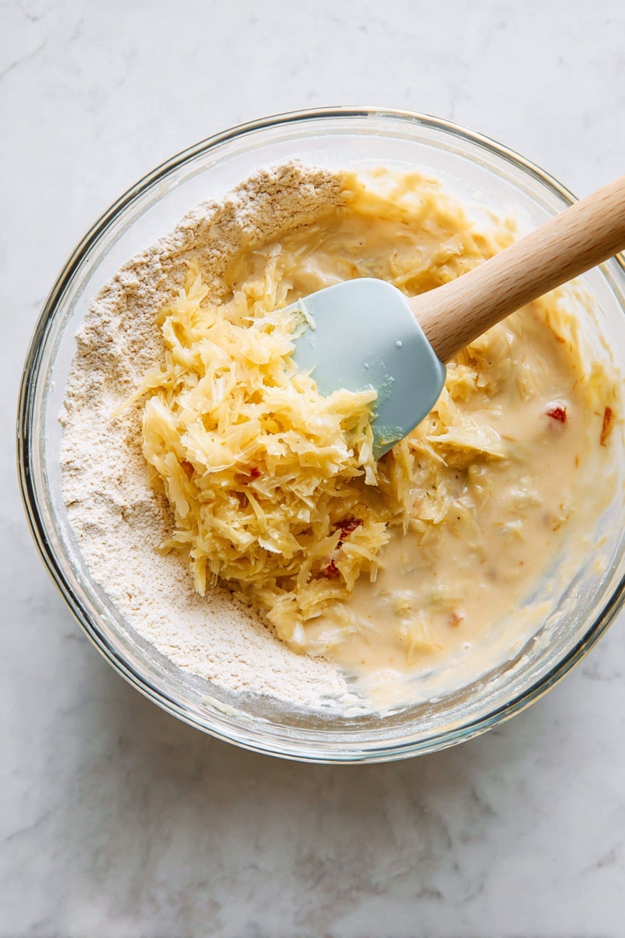 A stack of three golden-brown pancakes sits in the center of a white plate with a scalloped edge. On top of the pancakes are small cubes of apple, light yellow with red patches, glistening with syrup that also drips down the sides and pools on the plate. To the right side of the plate, a silver fork and knife with decorative handles rest on the plate's edge. The plate sits on a round wooden board placed on a white marbled surface. Nearby, there is a shiny bottle of syrup and a fresh apple with red and yellow skin. photo taken with an iphone --ar 2:3 --v 7
