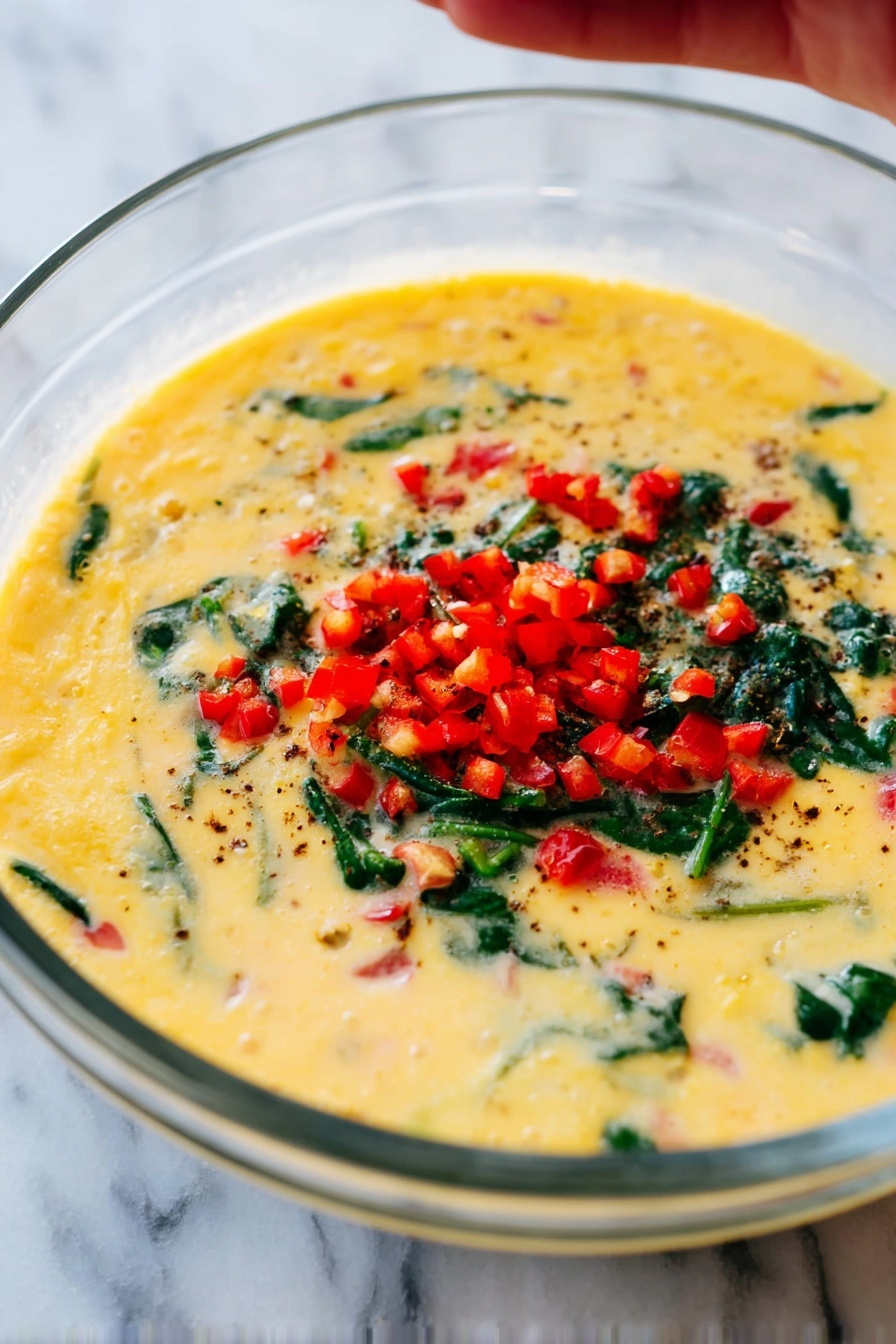 The image shows four white scalloped plates on a white marbled surface. Each plate holds a square piece of a layered egg dish with visible ingredients including yellow cooked eggs, green leafy vegetables, and small bright red pieces, all mixed evenly through the layers. Two of the pieces have forks placed next to them, and one fork is holding a bite-sized piece. The texture of the egg dish looks soft and slightly fluffy with colorful bits spread inside. A dark cloth napkin is partly visible on the right side of the image. photo taken with an iphone --ar 2:3 --v 7