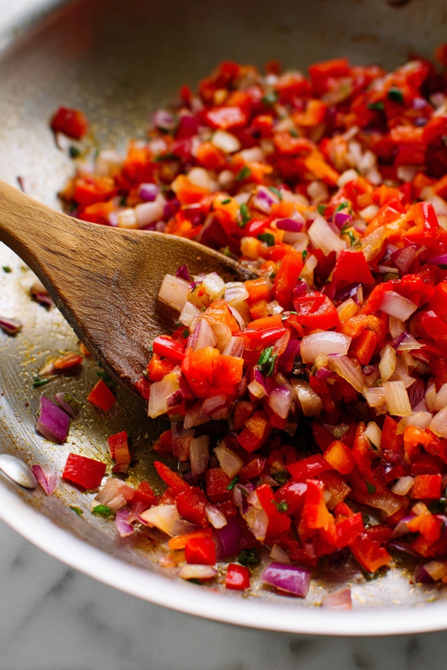 The image shows a close-up of a metal pan filled with small, cooked pieces of red bell pepper, chopped onions in white and purple colors, and tiny bits of green herbs, all mixed together. A wooden spoon is resting inside the pan, scooping some of the colorful vegetable mixture. The light reflects off the metal surface, and the vegetables have a soft, slightly shiny look from cooking. The background is a white marbled texture photo taken with an iphone --ar 2:3 --v 7