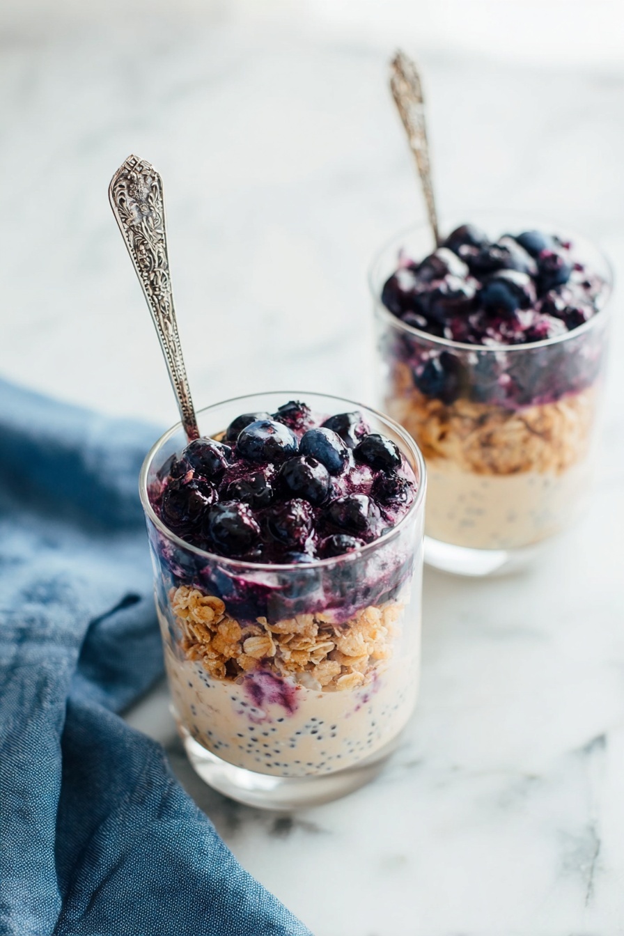 Two clear glasses filled with three visible layers start at the bottom with a light beige creamy mixture that has black specks, followed by a middle layer of golden brown granola, and topped with a thick layer of dark blue and purple blueberries with some creamy texture mixed in. Each glass has an intricate silver spoon inside, resting leaning slightly to the side. The glasses sit on a white marbled surface with a folded blue cloth nearby, the background also showing the same white marble texture. Photo taken with an iphone --ar 2:3 --v 7