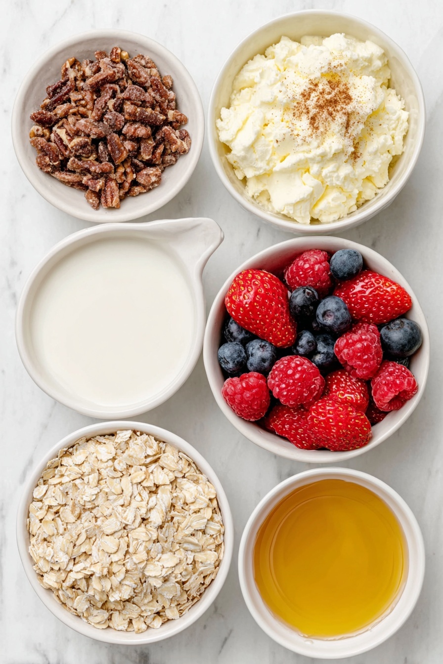 Flat lay of a small white ceramic bowl of homemade muesli with visible oats and dried fruit, a small white ceramic bowl of old-fashioned oats sprinkled lightly with ground cinnamon, a small white ceramic bowl with a tablespoon of chia seeds, a small white ceramic bowl holding creamy almond butter, a small white ceramic bowl filled with fresh milk, a small white ceramic bowl heaped with fresh mixed berries including blueberries, raspberries, and sliced strawberries, and a small white ceramic bowl containing golden maple syrup drizzle, all arranged in perfect symmetry with balanced proportions, placed on a clean white marble surface, soft natural light, photo taken with an iPhone, professional food photography style, fresh ingredients, white ceramic bowls, no bottles, no duplicates, no utensils, no packaging --ar 2:3 --v 7 --p m7354615311229779997
