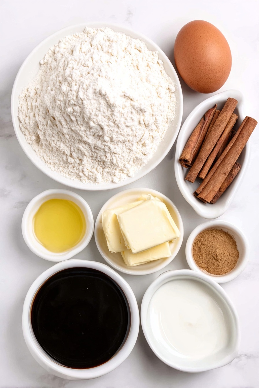 Flat lay of whole wheat flour in a small mound on a white ceramic plate, a single large brown egg with an uncracked clean shell, a small white bowl of smooth unsulphured molasses with dark rich color, a small white bowl of golden melted butter, a small white bowl of creamy milk, a few sticks of cinnamon, a small pile of ground ginger powder, a small pinch of ground nutmeg powder, a small pinch of ground cinnamon powder, a small white bowl of light brown maple syrup, a small white bowl of fine brown sugar, a small pinch of salt crystals, a small white bowl of clear vanilla extract, all arranged symmetrically and balanced on a clean white marble surface, soft natural light, photo taken with an iPhone, professional food photography style, fresh ingredients, white ceramic bowls, no bottles, no duplicates, no utensils, no packaging --ar 2:3 --v 7 --p m7354615311229779997